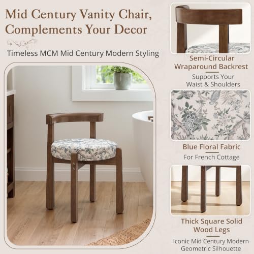 LUE BONA Wood Vanity Chair Stool with Back, Mid-Century Makeup Bench, Blue