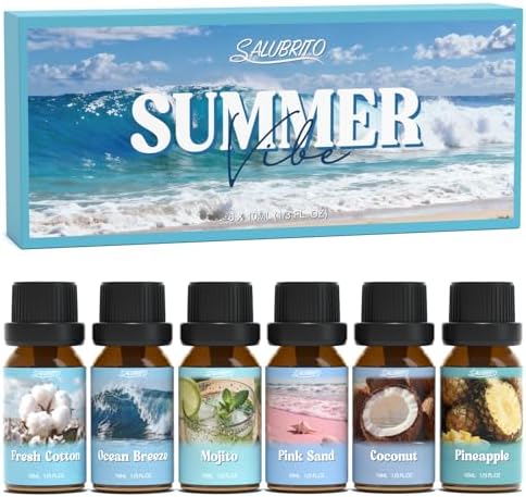 SALUBRITO Summer Fragrance Oils Set, Premium Essential Oils Set for Diffuser, Candle, Soap Making, Fresh Cotton, Coconut, Mojito, Pineapple, Ocean Breeze, Pink Island, Strong Scented Oils