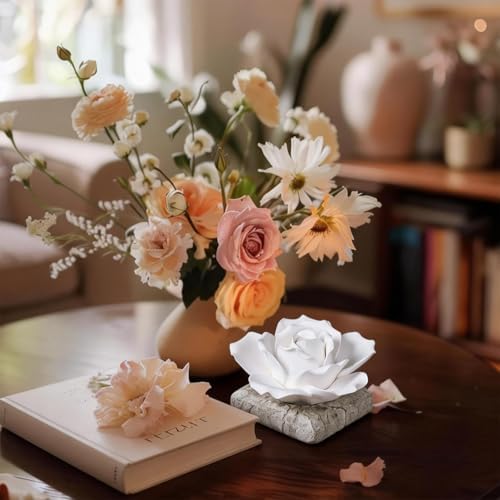 Ceramic Passive Essential Oil Diffuser, Aesthetic Desktop Handmade Flower & Concrete Base, Porcelain Aromatherapy Oils Diffuser for Home, Office, Yoga, Spa Room (White Rose)