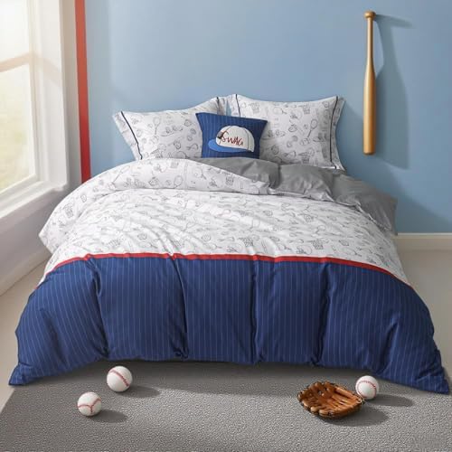 Simple&Opulence 100% Organic Cotton Duvet Cover for Kids Teens, 4 Pieces Soft Comforter Cover with Zipper Closure Cool Boy Girl Baseball Bedding Set - Sports, Full/Queen