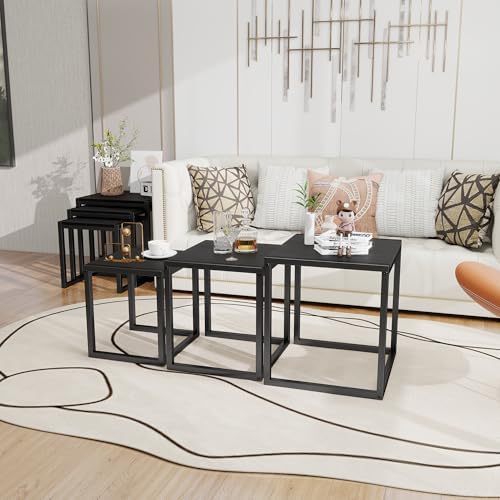 Nesting Coffee Table Set of 3, Stacking Metal Side Tables, Black