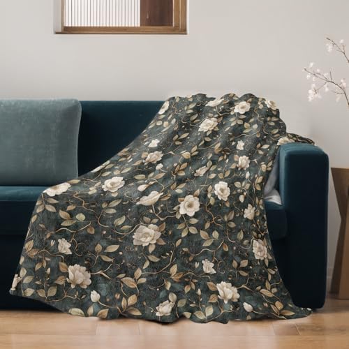 Vintage Floral Blanket Lightweight Blankets Gifts for Women Flannel Throw with Beige Flower and Gold Vine on Dark Background Printed for Sofa, Bed, Travel, Retro Decor Throws 50x40 Inch