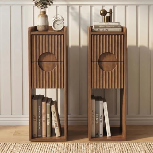 Narrow Fluted Nightstand Set of 2, Small 2 Drawer Walnut Nightstand, Wood Slim Bedside Table, Vintage End Table, Mid Century Modern Night Stand for Living Room, Bedroom, Wooden