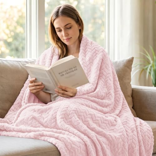 Exclusivo Mezcla Fleece Throw Blanket for Couch Sofa, 50”x70”, Light Pink