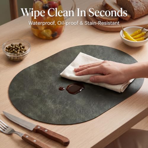 Oval Placemats Set of 6, Wipeable Faux Leather, Olive Green