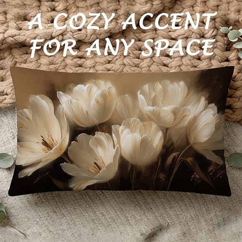 Vintage White Tulips Floral Pillow Cover 12x20, Elegant Neutral Moody Botanical Flower Decorative Lumbar Pillow Cover for Couch Bed Living Room Bedroom