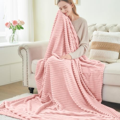 BEDELITE 3D Ribbed Light Pink Fleece Throw Blanket for Couch, 50x60 Inch