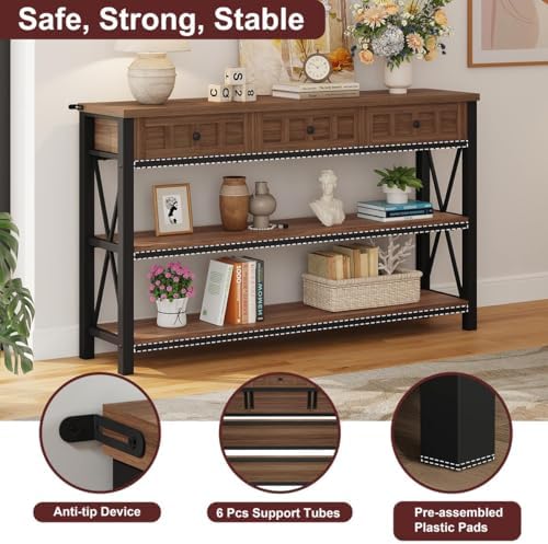 FATORRI Console Table for Entryway, 54.72 Inch Long Farmhouse Sofa Table with 3 Drawers for Living Room, Wood and Metal Hallway Tables with Storage and Couch Tables Behind Sofa, Medium Walnut