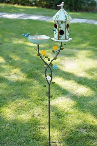 Bird Baths and Bird House with Pole,birdhouses for Outdoors，Metal Bird Bath