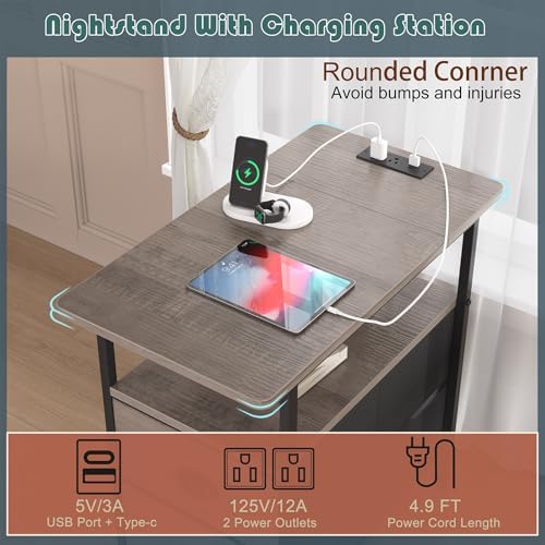 sthmec End Table with Charging Station, Narrow Side Table with 2 Drawers, LED Nightstands with Drawers, USB Ports & Power Oulets,Slim Sofa Side Tables for Small Spaces,Living Room,Bedroom, Grey