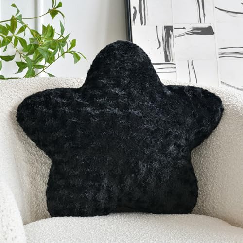 Star Pillow, 14.9" Star Shaped Plush Pillow for Couch Bed Sofa, Cute Decorative Throw Pillows with Soft Faux Fur Room Decor for Bedroom Living Room (Black)