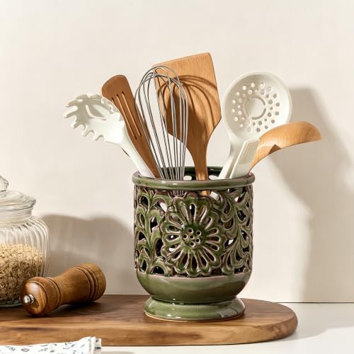 6.8" Ceramic Kitchen Utensil Holder, Utensil Crock, Green