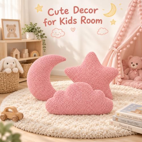 3 Pack Cloud Moon Star Shaped Throw Pillows 16 Inch Pink Plush Pillow Set