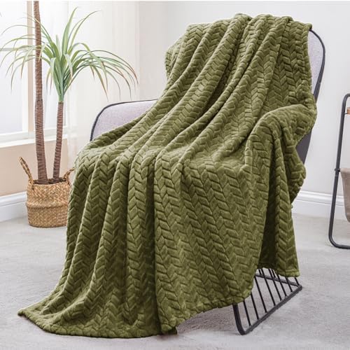 Exclusivo Mezcla Fleece Throw Blanket for Couch Sofa, 50”x70”, Olive Green