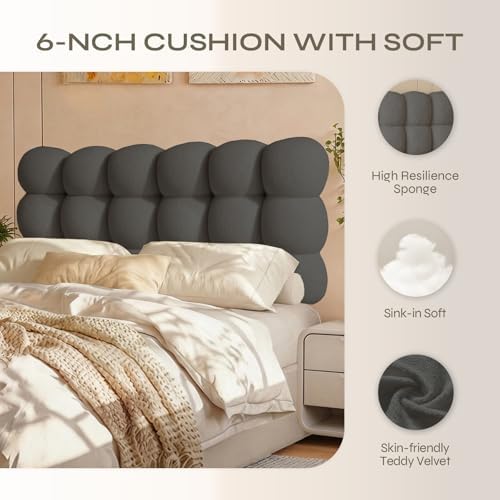 Pinmoco Full Cloud-Shaped Upholstered Headboard, Teddy Fleece Grey