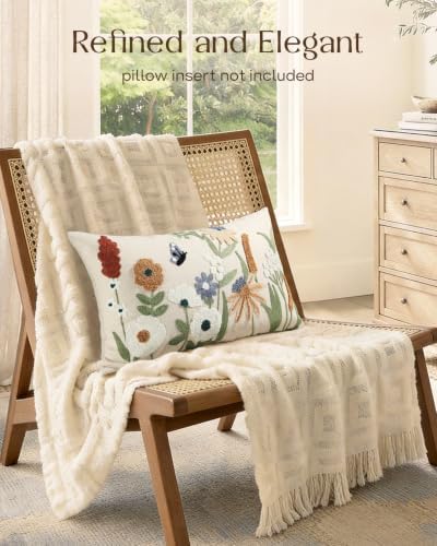 Embroidered Floral Lumbar Pillow Cover 20x12 Inch, Cottage Flower