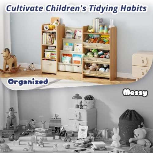 Kids Bookshelf and Toy Storage with 7 Removable Bins, 51 inch, Burlywood