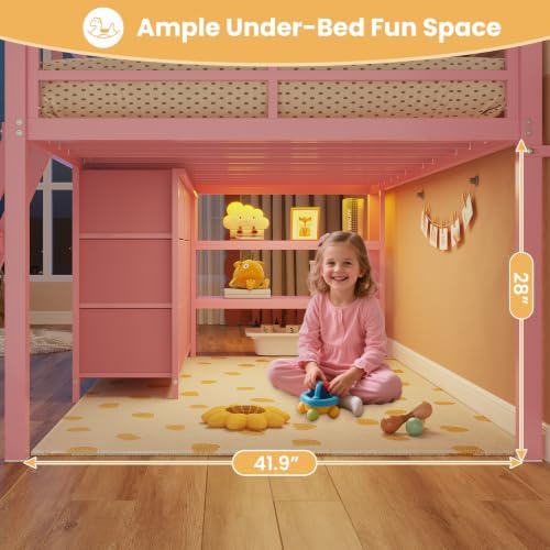 Low Loft Bed Twin Size with 9 Storage Drawers, LED Lights Loft Bed