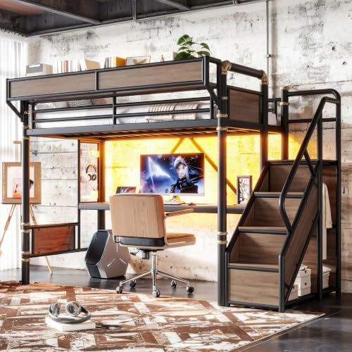 Bellemave Twin Metal Loft Bed with Stairs and Desk for Kids,Adults,Black