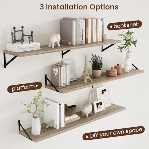 Axeman 12 Inch Deep Floating Shelves for Wall - 55 Inch Wide x 12 Inch Deep Wall Shelves Set of 2 - Rustic Grey Wood Floating Shelves for Living Room