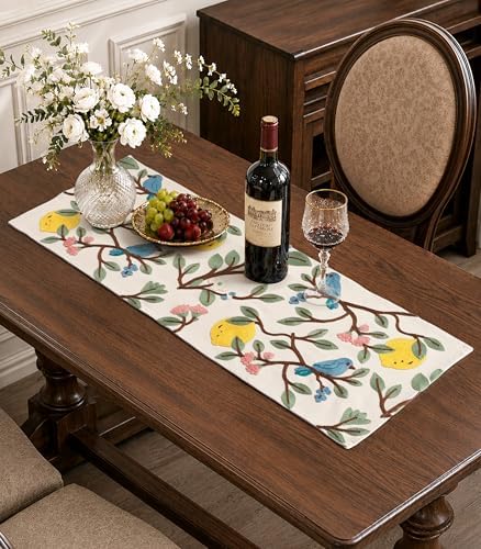 Canvas Embroidered Narrow 13"x 48" Table Runner, Lemon Bird