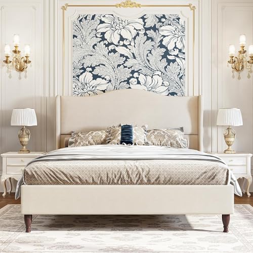 koorlian Queen Size Bed Frame Upholstered Platform Bed with 51" Tall Headboard Wingback, Soft Fabric, Retro Simple Style Platform Bed No Box Spring Needed, Easy Assembly, Beige