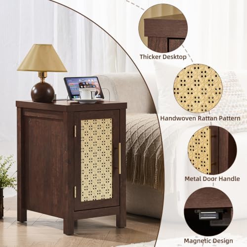 YUFAM Rattan Nightstand Set of 2 with Charging Station, Brown