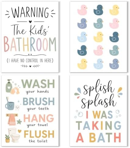 Noaleviax Boho Kids Bathroom Posters - Cute Rainbow Boho Duck Wall Art Pictures for Toddler Baby Kids Bathroom Wall Decor, 8x10 Unframed, Set of 4