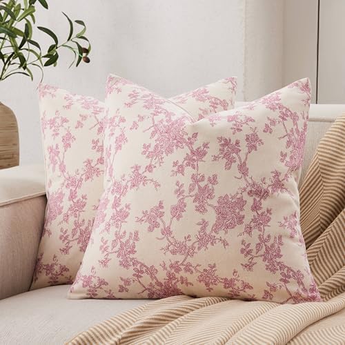 2 Pack French Floral Throw Pillow Covers 22x22in, Pink/Cream