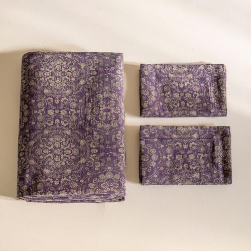 Jacquard Flower Duvet Cover Twin,Purple Green Floral Duvet Cover Set Yarn-Dyed Cotton Boho Medallion Bedding Set,Retro Reversible Duvet Cover with Zipper Ties
