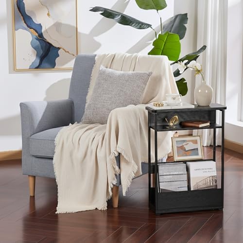 YEAKOO Vintage Narrow Side Table with Storage Shelf, 3 Tier Slim End Table