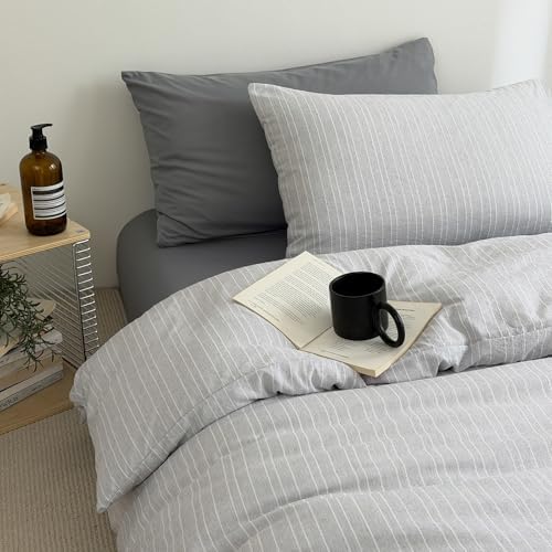 Vintage Gray Striped Duvet Cover Twin XL 3Pcs Retro Textured Bedding Set