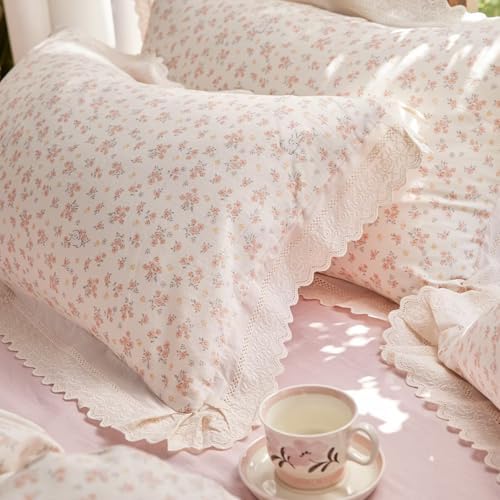 Pink Floral Muslin Duvet Cover Set 3 Pcs,68"×86" Twin Bedding
