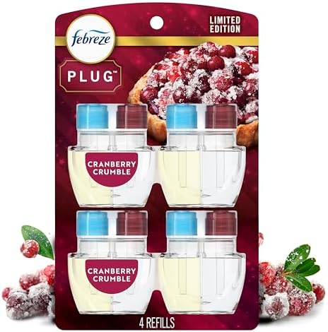 Febreze Plug-In Air Freshener, Odor-Fighting Scented Oil Refill for Home, Bathroom & Kitchen, Holiday Cranberry Crumble Scent, 0.87 oz Refills, 4 Count