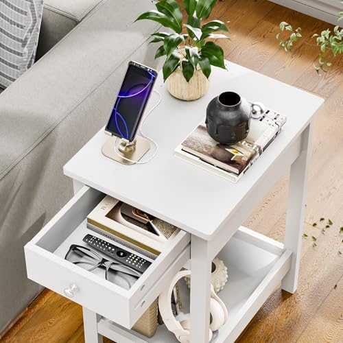 SEJOV Narrow Side Table, Small White End Table with Drawer & Storage Shelve