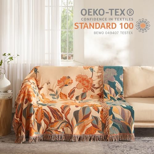 Boho Throw Blanket for Bed 90”x98”, 100% Cotton Blanket for Couch Sofa