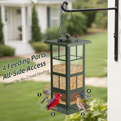 Wildpark Wild Bird Feeders for Outdoors - Small Metal Hanging 4 Port Bird Feeder with Drainage Holes, Easy to Fill Weatherproof Design - Attracts Cardinals, Blue Jays & More