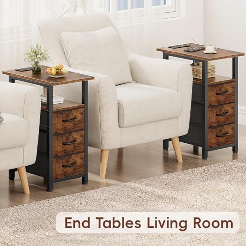 Vagusicc End Table with Charging Station, Narrow Side Table, Narrow Nightstand with 3 Fabric Drawers, Slim Sofa Side Table for Small Spaces, Small Night Stand for Bedroom, Rustic Brown