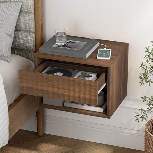 Floating nightstand Set of 2，Modern Fluted Bedside Tables with Drawer & Open Shelf Brown