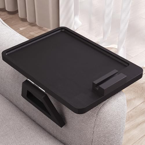 Couch Arm Tray with 360°Phone,Bamboo Folding Sofa Tray,Sofa Armrest Trays Clip-On Couch Desk for Drinks,Snacks,Phone,Remote Control（Black）