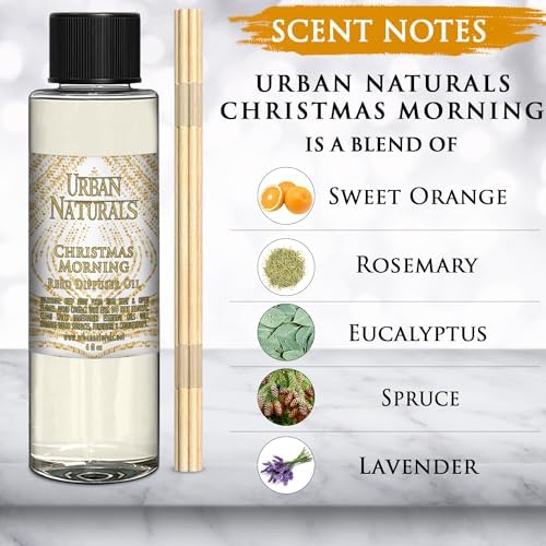 Urban Naturals Reed Diffuser Oil Refill Christmas Morning, Rosemary, Eucalyptus, Balsam Spruce, Orange, Essential Oils, 4 oz + Free Reed Sticks, Made in the USA