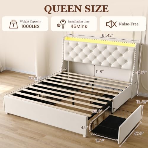 Queen Bed Frame with 4 Storage Drawers & Wingback Headboard, Beige
