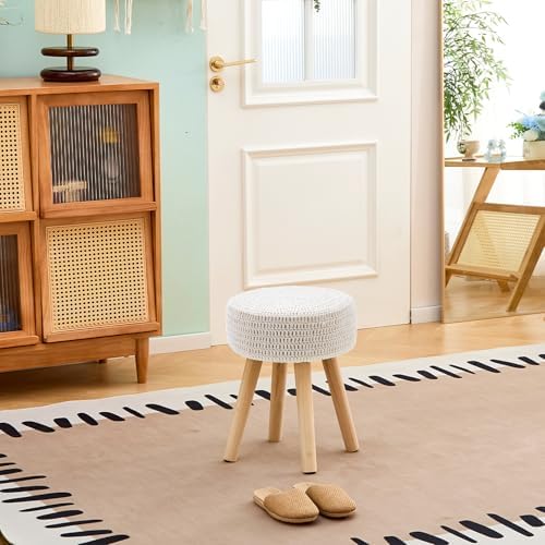 13" Round Handmade Cotton Knitted Boho Small Ottoman with Non-Skid Wood Leg