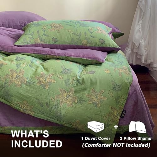 Linen Cotton Jacquard Duvet Cover Queen,3 Pcs Yarn-Dyed Textured Duvet Cover Set Green Purple Floral Bedding Breathable, Natural Wrinkled Look-No Comforter