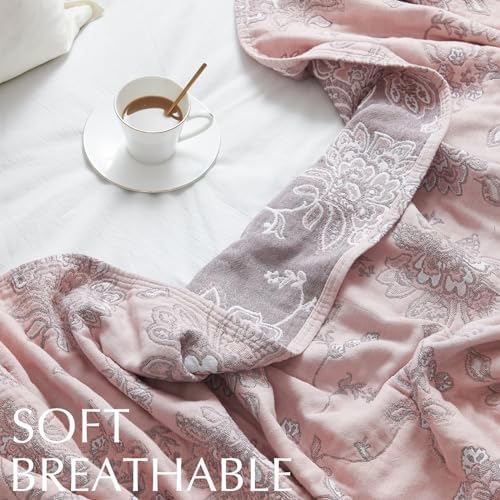 jinchan 100% Cotton Muslin Blanket Queen Boho Bed Blanket 80x90 Pink Multi