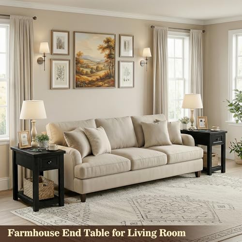 Farmhouse Narrow End Table with Charging Station for Couch, 13.8" Wide