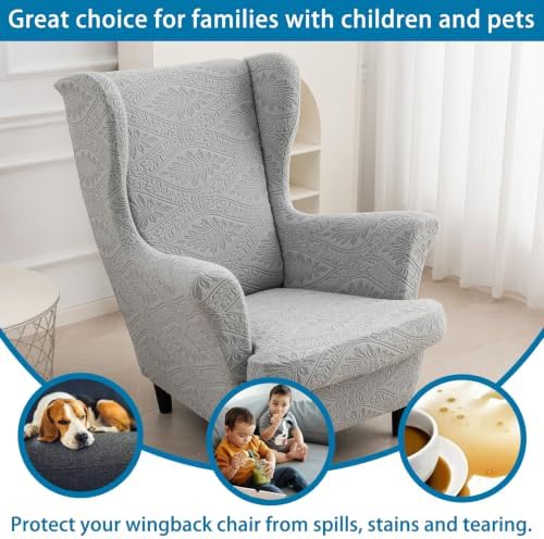 HZDHCLH Wingback Chair Slipcovers 2 Piece Stretch Spandex Chair Covers Washable Armchair Protector with Elastic Fit for Living Room Bedroom Light Gray Embossed Leaf Pattern