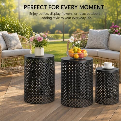 Set of 3 Outdoor Side Table, Garden Stool for Patio, Metal Accent Table Modern End Table, Patio Side Table for Garden, Balcony, Bedroom Indoor Outdoor Decorative, Jet Black
