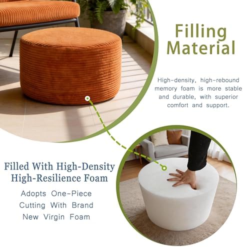 Thgonwid Round Ottoman Pouf, Corduroy Foot Rest Stool, 20x14In,Burnt Orange