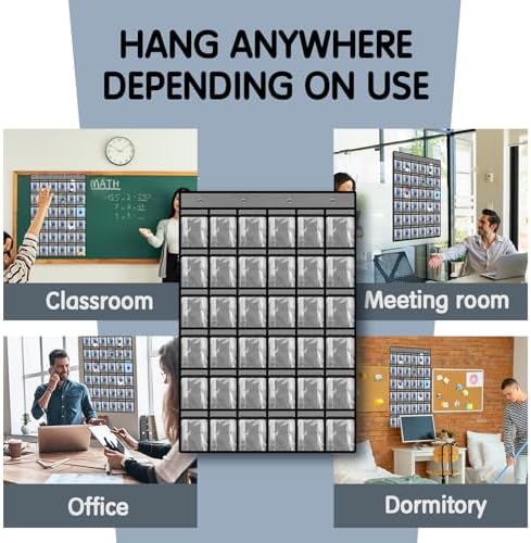 Kotkn 36 Pocket Charts for Classroom Cell Phones, 36 Clear Pocket Charts with Numbered Stickers, Classroom Hanging Cell Phone Organizer, Hangs on Wall, Door Storage Hooks (Gray)